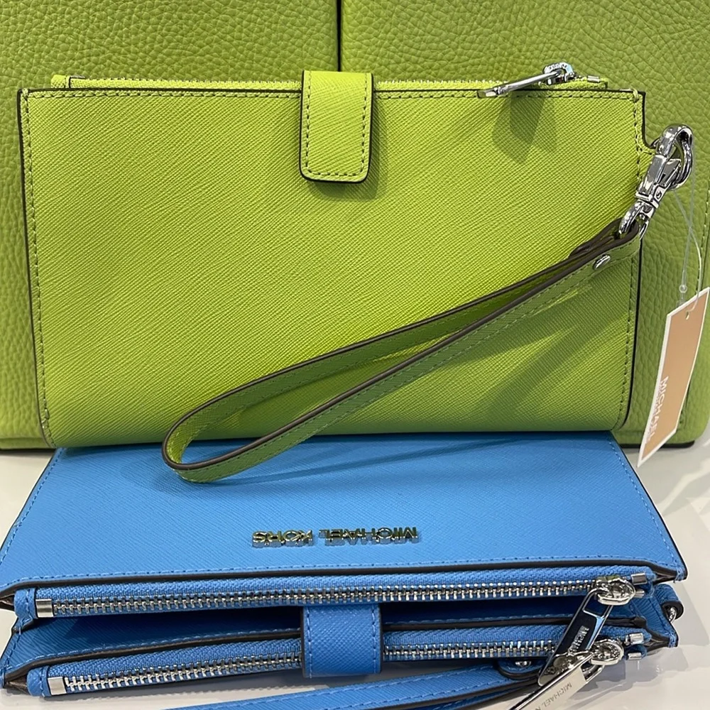 MICHAEL KORS LG DOUBLE ZIP WRISTLET Wallet Phone Case Holder Lime NWT